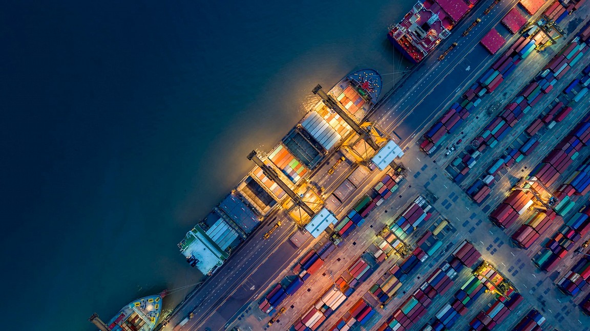 An aerial view of container ship and containers