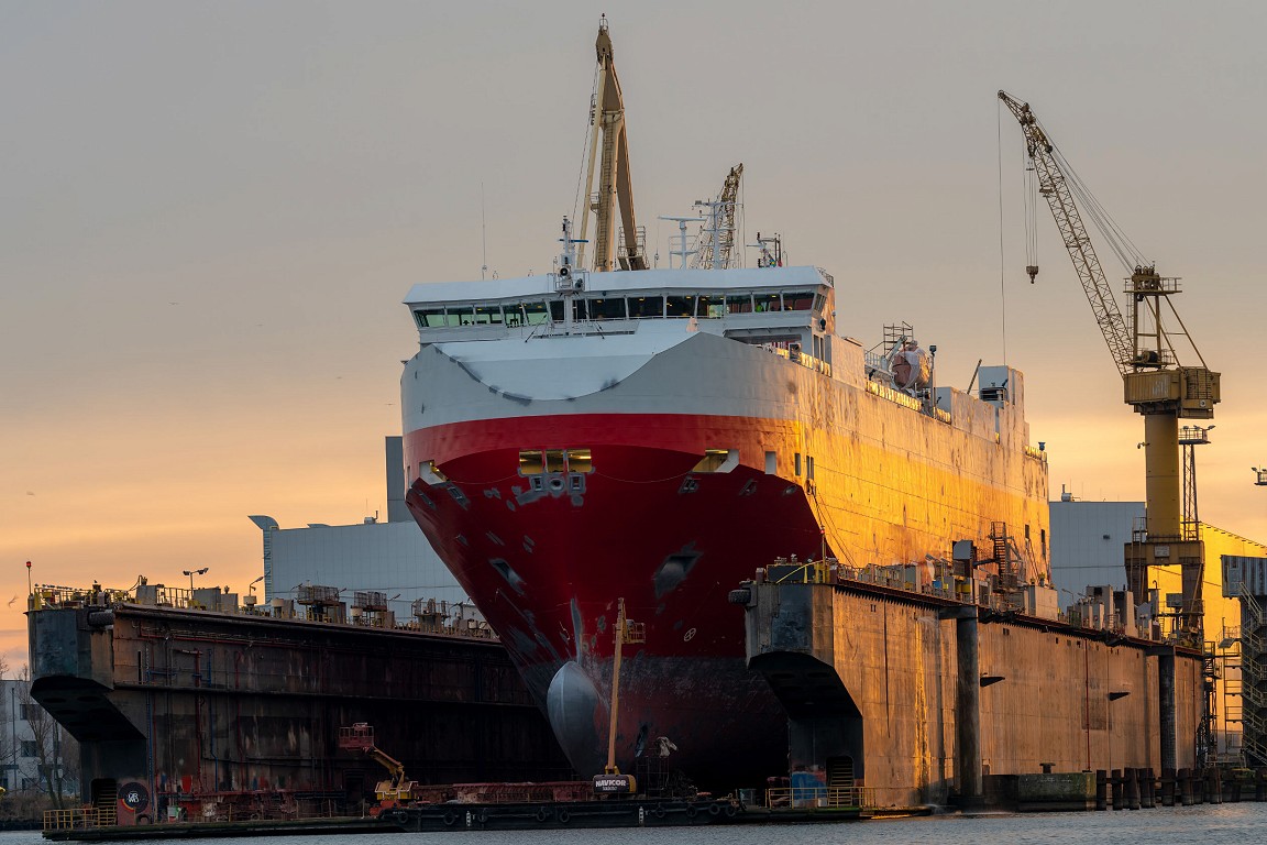 Container ship in dry dock